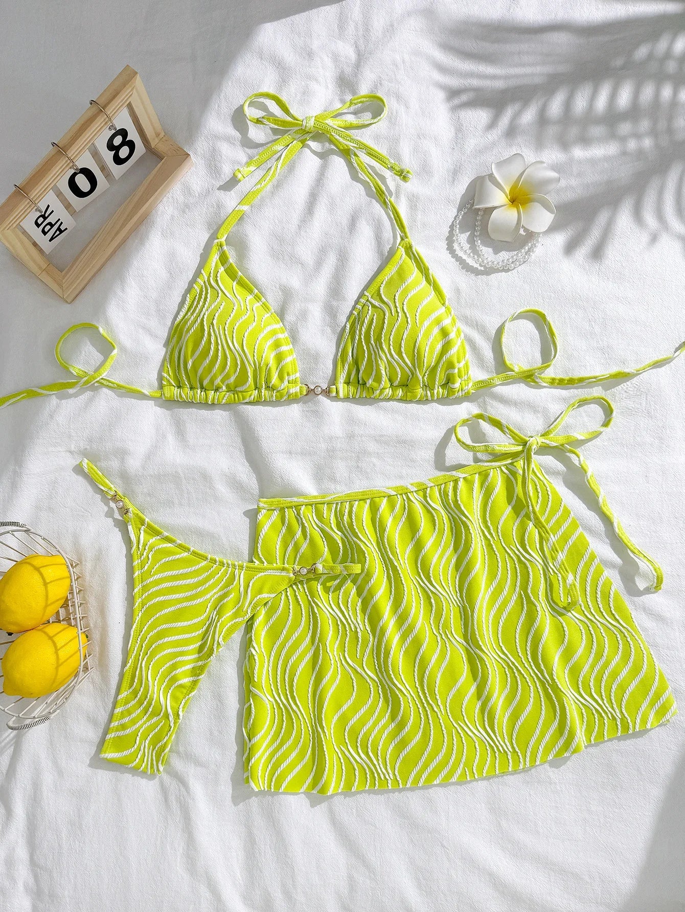 wave halter tie bikinis Sets 3pcs with tie mini thong swimsuits swimwear bathing suit biquini tankini