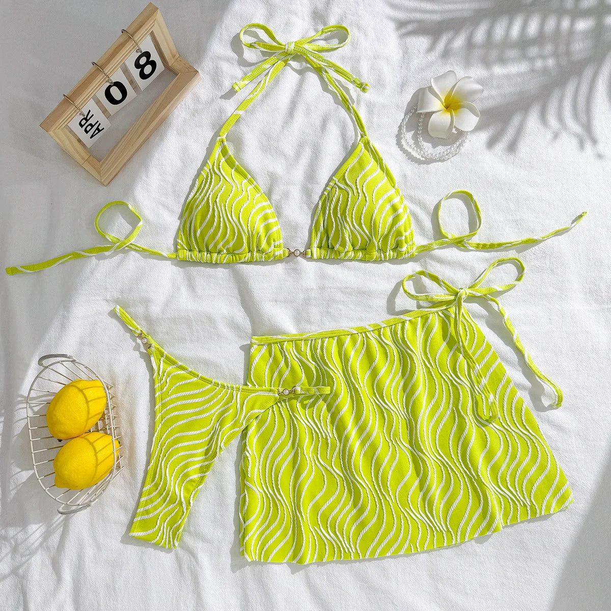 wave halter tie bikinis Sets 3pcs with tie mini thong swimsuits swimwear bathing suit biquini tankini