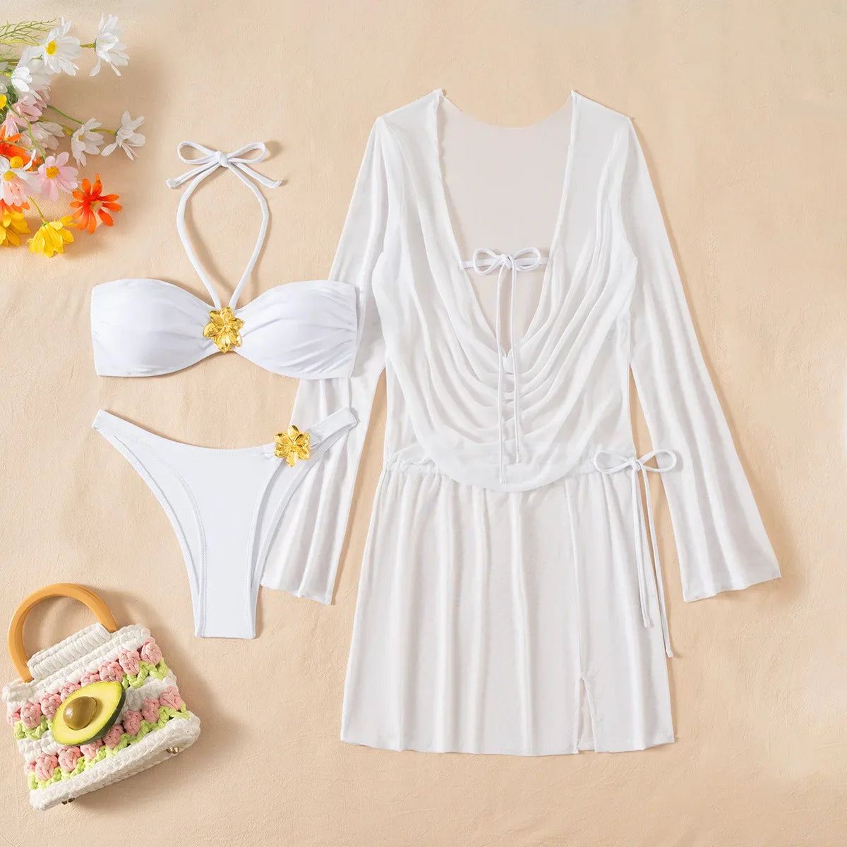 white bandeau metal flower bikinis Sets 3pcs with mesh long sleeve wrinkled tie mini dress swimsuit bathing suit biquini