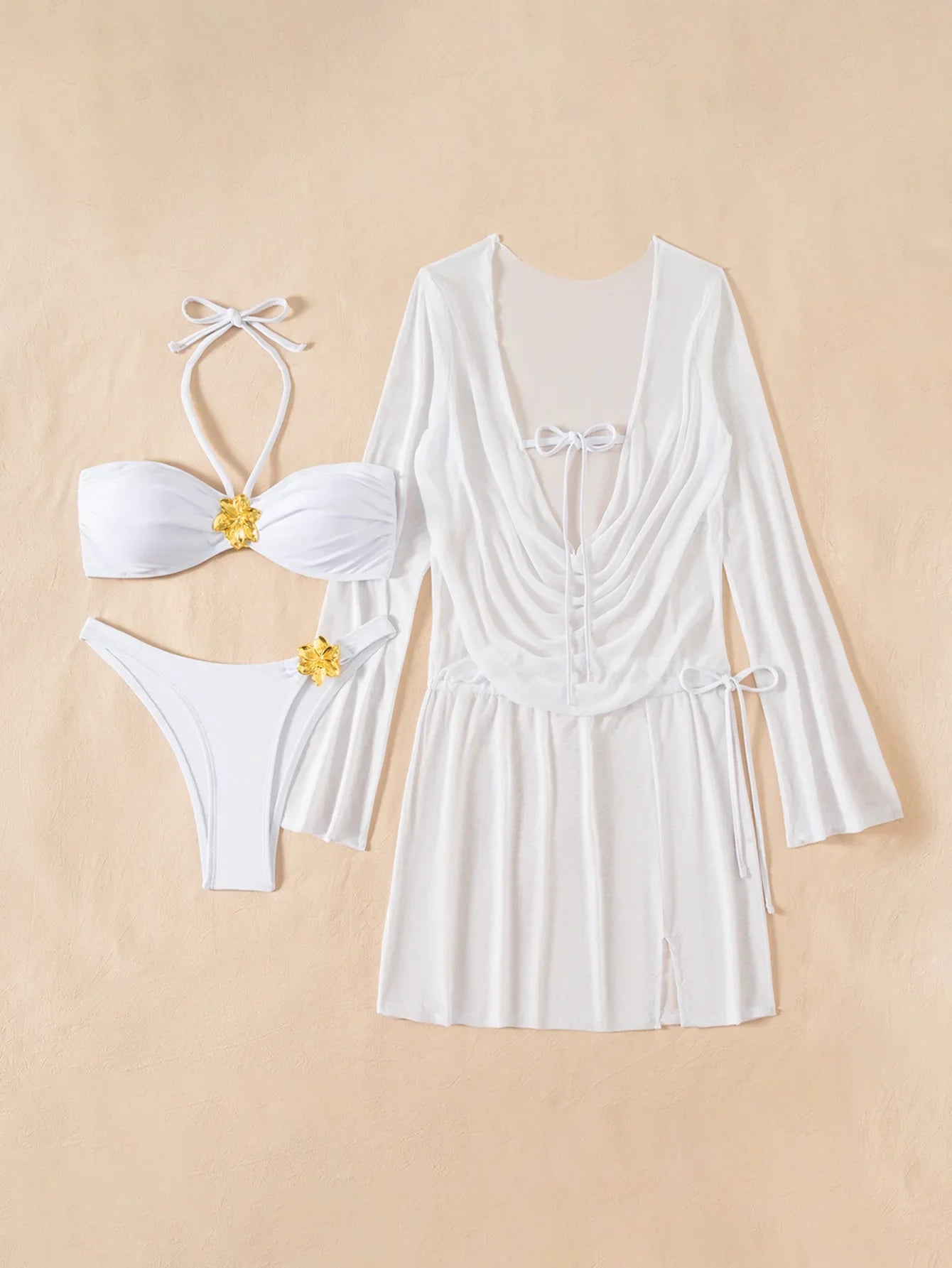 white bandeau metal flower bikinis Sets 3pcs with mesh long sleeve wrinkled tie mini dress swimsuit bathing suit biquini