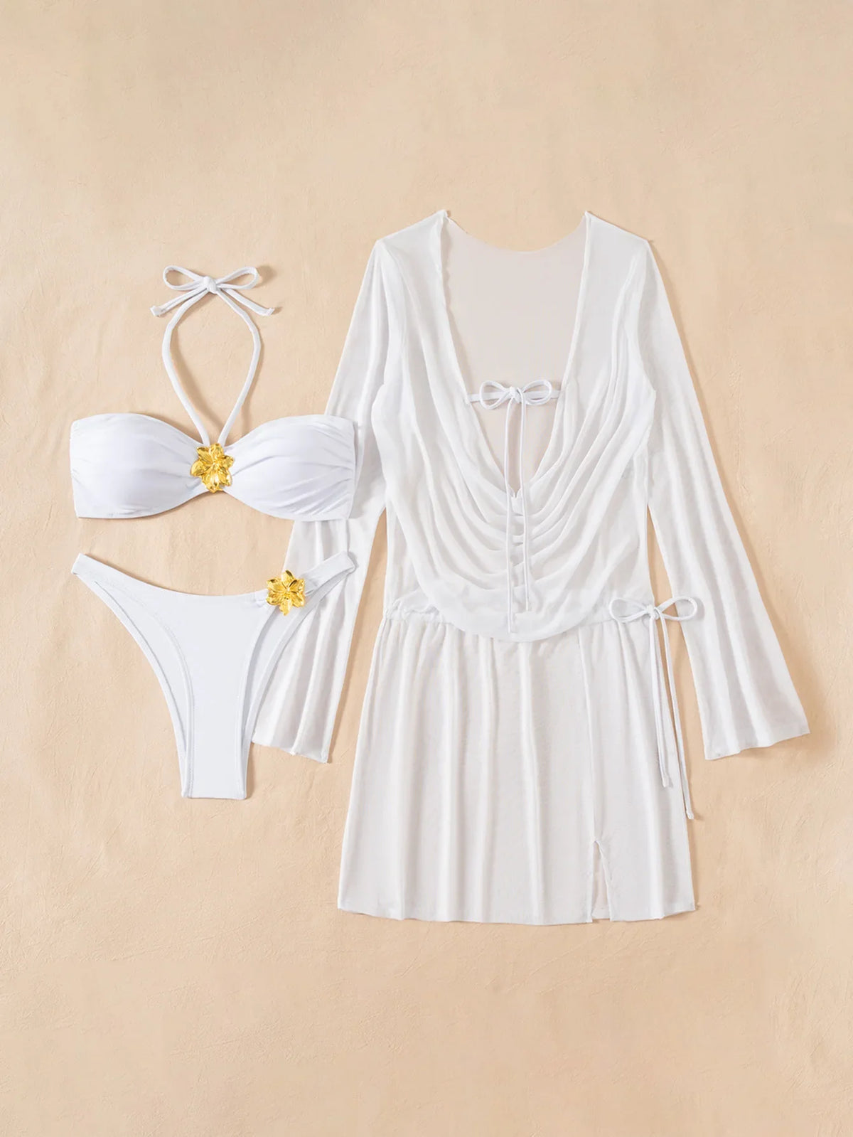 white bandeau metal flower bikinis Sets 3pcs with mesh long sleeve wrinkled tie mini dress swimsuit bathing suit biquini