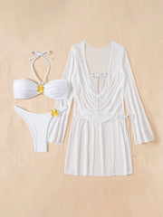 white bandeau metal flower bikinis Sets 3pcs with mesh long sleeve wrinkled tie mini dress swimsuit bathing suit biquini