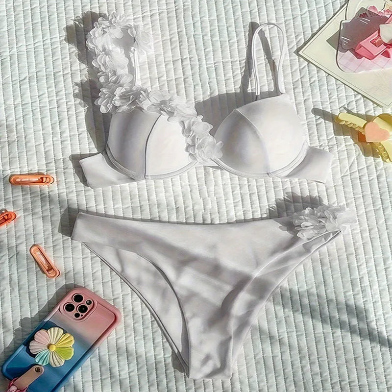 white flower bikinis Sets two pieces solid swimsuit bikini bathingwear Biquini conjunto de bikini tankini