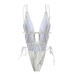 wrinkled swimsuit one piece deep v-neck bikini thong swimwears biquini bathing black and white 2 color