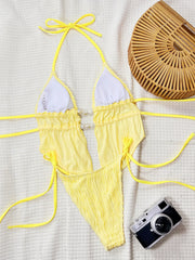wrinkled yellow halter tie bikinis Sets two pieces thong Swimsuit bathing suit biquini tankini