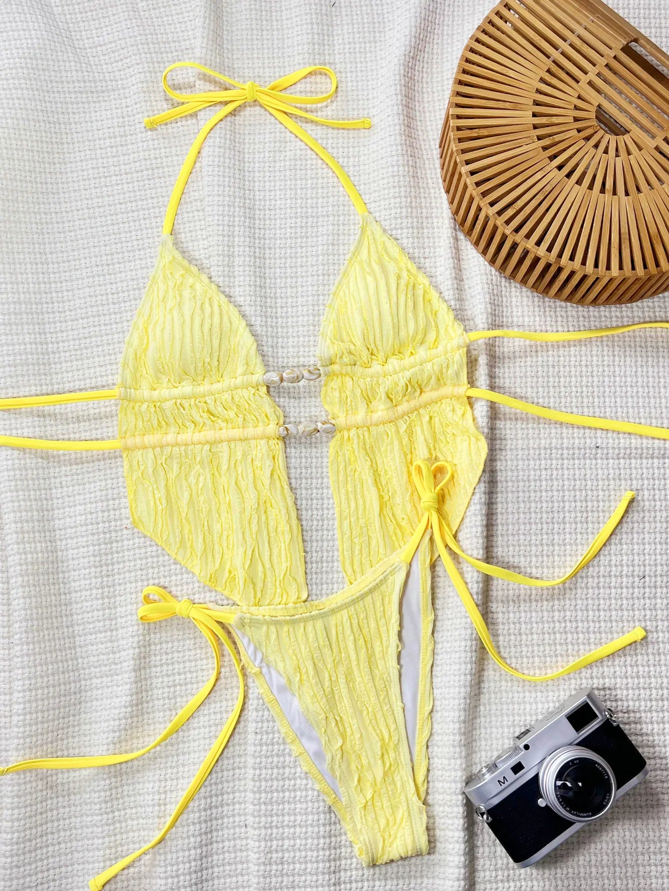 wrinkled yellow halter tie bikinis Sets two pieces thong Swimsuit bathing suit biquini tankini