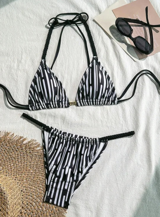 zebra striped micro bikinis Sets two pieces halter drawstring swimsuit bathingwear swimming suit