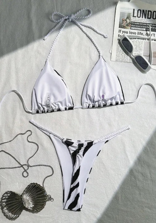 zebra striped micro bikinis Sets two pieces halter patchwork swimsuit bathingwear swimming suit
