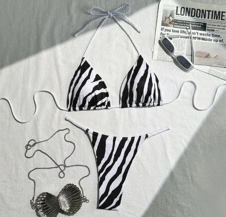 zebra striped micro bikinis Sets two pieces halter patchwork swimsuit bathingwear swimming suit